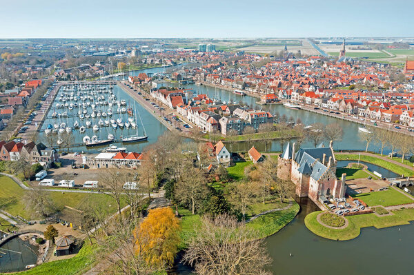 Aerial from the traditional town Medemblik with the Radboud castle in the Netherlands