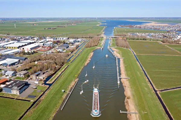 Aerial Freighter Sailing Boats Prinses Margriet Lock Lemmer Friesland Netherlands — Stock Photo, Image