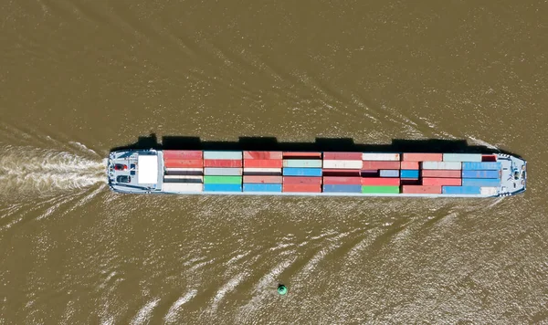 Aerial Topshot Cargo Boat Cruising River Merwede Netherlands — Stock Photo, Image