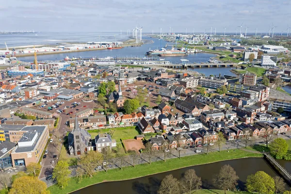 Vista Aérea Área Residencial Holandesa Delfzijl Com Porto Nos Países — Fotografia de Stock