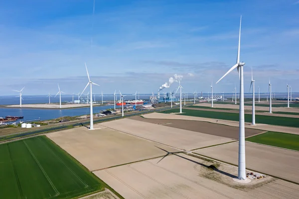 Flyg Från Väderkvarnar Och Industri Eemshaven Nederländerna — Stockfoto