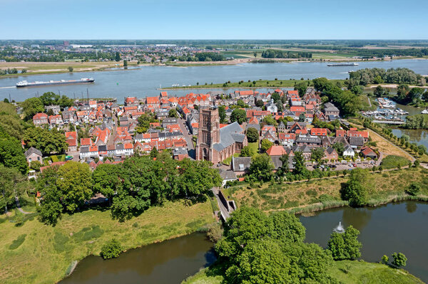 Aerial from the historical city Woudrichem at the river Merwede in the Netherlands