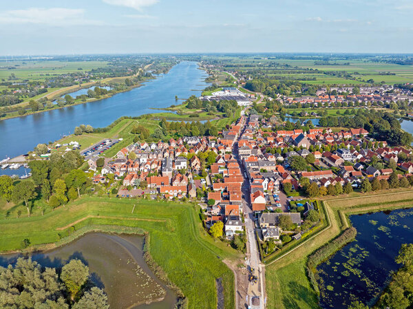 Aerial from the historical town Nieuwpoort at the Lek in the Netherlands