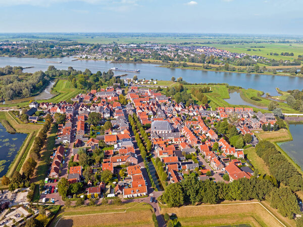 Aerial from the historical town Nieuwpoort at the Lek in the Netherlands