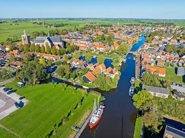 Aerial from the historical city Workum in Friesland the Netherlands