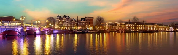 Blauwbrug Dan Gelen Panorama Amsterdam Amstel Nehrinde Gün Batımında Hollanda Stok Fotoğraf