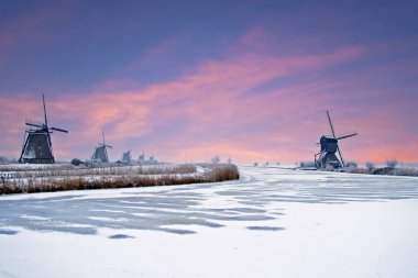 Hollanda 'nın Kinderdijk kentindeki ünlü yel değirmenleri kışın gün batımında