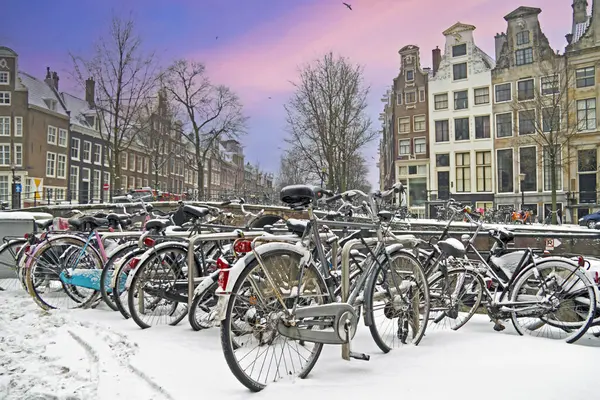 Snowy Rowerów Amsterdam Holandia Zachodzie Słońca — Zdjęcie stockowe