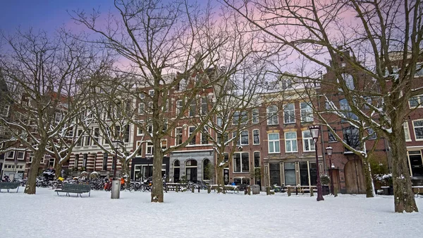 Snowy Amsterdam Casas Inverno Nos Países Baixos Pôr Sol Imagens De Bancos De Imagens Sem Royalties