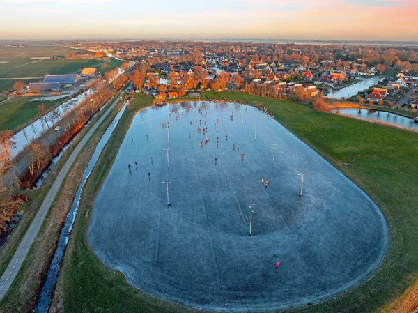 Aerial Ice Skating Sunset Ice Rink Koudum Friesland Netherlands — Stock Photo, Image