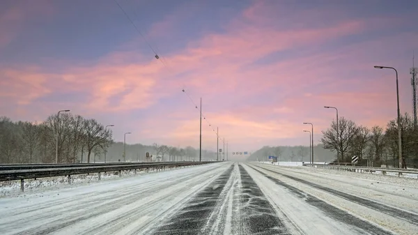 Driving Snowstorm Highway Amsterdam Netherlands Winter — Stock Photo, Image