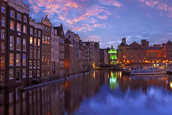 Cidade Cênica Amsterdã Noite Nos Países Baixos Pôr Sol Imagens De Bancos De Imagens