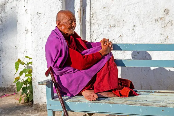 Bagan Myanmar November 2015 Old Monk Contemplating Bench Bagan Myanmar Stock Picture