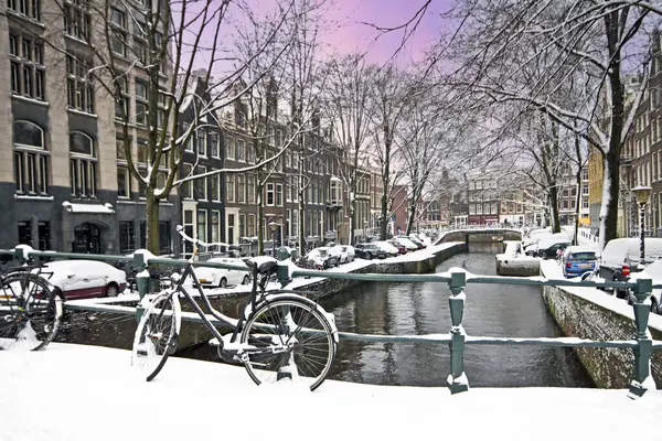 Amsterdam Winter Niederland Bei Untergang Stockbild