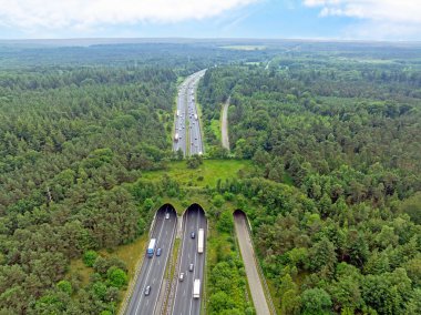 Hollanda 'daki A50 otobanındaki Veluwe' deki ekoduct De Woeste Hoeve 'den havadan.