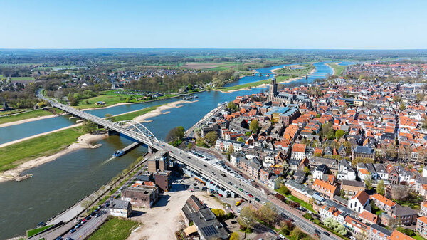 Aerial from the city Deventer at the river IJssel in the Netherlands