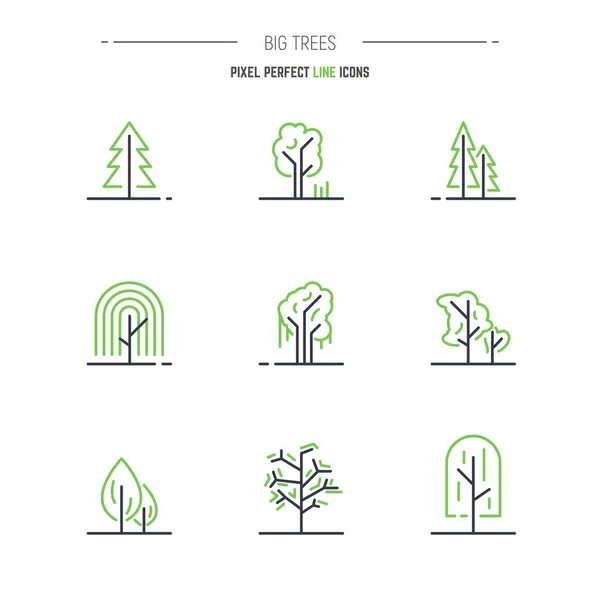 異なるツリー薄いラインピクセル完璧なベクトルアイコンセット 概要松の木 公園の木や他の植生のシンボルやエンブレム 細い線の自然アイコン 緑と黒の線 — ストックベクタ
