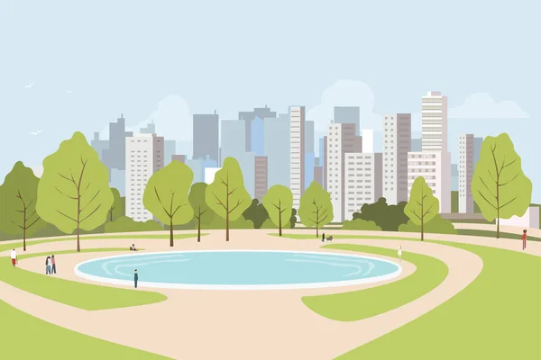 城市公园草坪和树木 小池塘或喷泉和抽象的人物形象 平面风格矢量 在有摩天大楼的商业中心 大城市中心的绿地植被 — 图库矢量图片