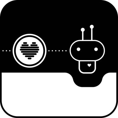 Kare yerleşim yerindeki bir kalple nabız bağlantısı olan sevimli bir yapay zeka sohbet robotu simgesi. Duygusal teknoloji, insani makine etkileşimi, empati tasarımı ve dijital iletişim temaları için ideal.