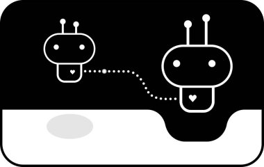 Minimalist siyah-beyaz peyzaj düzeninde sevimli yapay zeka sohbet robotu doğum ikonu. Ebeveynlik, teknoloji, ahlak ve gelecekteki iletişim için ideal. Çok yönlü kullanım için temiz görsel.