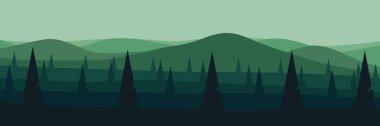 Dağlardaki vektör manzarası. Dağları ve ağaçları olan soyut yeşil arkaplan