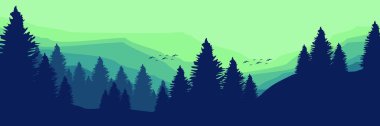 Dağlardaki ormanın vektör çizimi. arkaplanda dağlar ve ağaçlar var