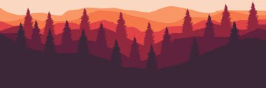 Akşamları dağlarla, ağaçlarla, tepelerle, dağlarla dolu güzel bir orman. vektör illüstrasyonu.