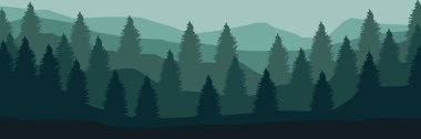 Dağları ve ormanı olan koyu mavi bir vektör. Soyut tarzda bir gradyanın gösterimi. Geçmişiniz, posteriniz, afişleriniz için şablon.