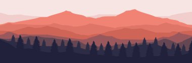 Akşamları ormandaki dağların vektör çizimi.