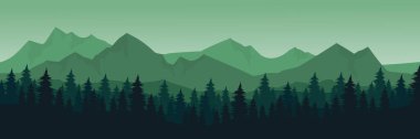Ormandaki dağın, ağaçların ve tepelerin vektör çizimi