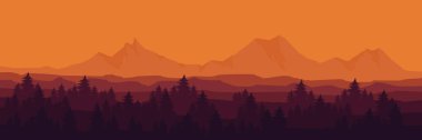 Gün batımında ağaçların ve dağların arka planının vektör çizimi
