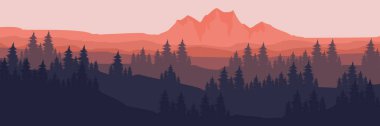Dağlarla, ağaçlarla, siluetlerle, dağlarla, ormanlarla ve dağlarla kaplı bir manzara.