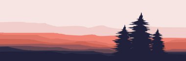 Dağ manzarası resimlemesindeki ağaç silueti duvar kağıdı, arkaplan, arkaplan, pankart, tasarım şablonu ve turizm tasarımı için iyidir