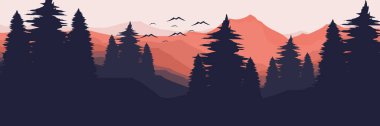 Dağ manzarası resimlemesindeki ağaç silueti duvar kağıdı, arkaplan, arkaplan, pankart, tasarım şablonu ve turizm tasarımı için iyidir
