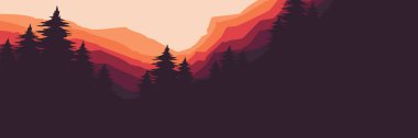 Dağın doğuşunda çam ağacı silueti düz tasarım vektör pankartı web afişi, reklam afişi, turizm afişi, duvar kağıdı, arka plan şablonu ve macera tasarımı için iyi bir şablon