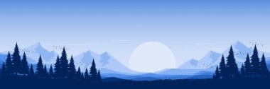 Arka planda dağlar ve çam ağaçları olan vektör manzarası