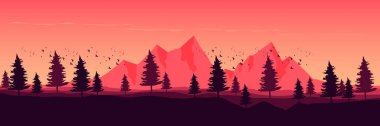 Kırmızı ve pembe eğimli bir orman arka planının vektör çizimi
