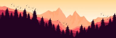 Dağlardaki orman, günbatımı ve orman