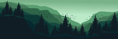 Dağdaki bir ormanın güzel bir manzarasının vektör çizimi