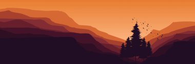 Gün batımında dağların, ormanın ve ağaçların soyut siluetleri. vektör illüstrasyonu