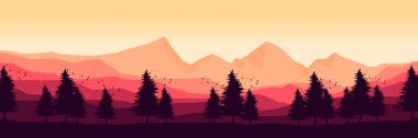 dağ manzarası, çam ormanı, orman, ağaçlar, dağlar, tepeler, çam ormanı, orman, günbatımı, vektör illüstrasyonu