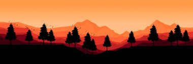 Turuncu günbatımında dağların, ağaçların ve tepelerin vektör manzarası.