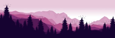 Mor renkte soyut dağ ormanı, vektör illüstrasyonu