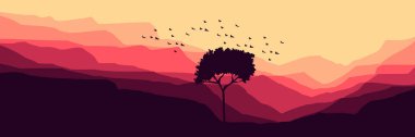 Dağlar, tepeler, ağaçlar ve kuşlarla soyut bir arkaplan