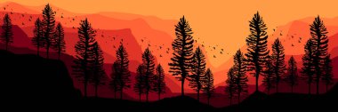 Orman manzarası, çam ağaçları, orman silueti çizimi