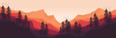 Akşamları orman ve dağlarla, çam ağaçlarıyla, tepelerle ve dağlarla, ormanlarla, dağlarla, ağaçlarla, ormanlarla kaplı vektör manzarası,
