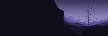 Koyu mor dağlar ağaç siluetleriyle kaplı.