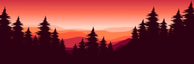 Gün batımında dağlarda ormanı olan güzel bir manzaranın vektör çizimi