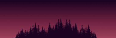 Dağları ve tepeleri mor tonlarda olan soyut siluetli ağaçlar. vektör illüstrasyonu