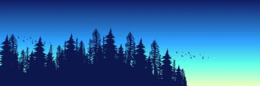Akşam gökyüzünde çam ağacı ormanının silueti. vektör